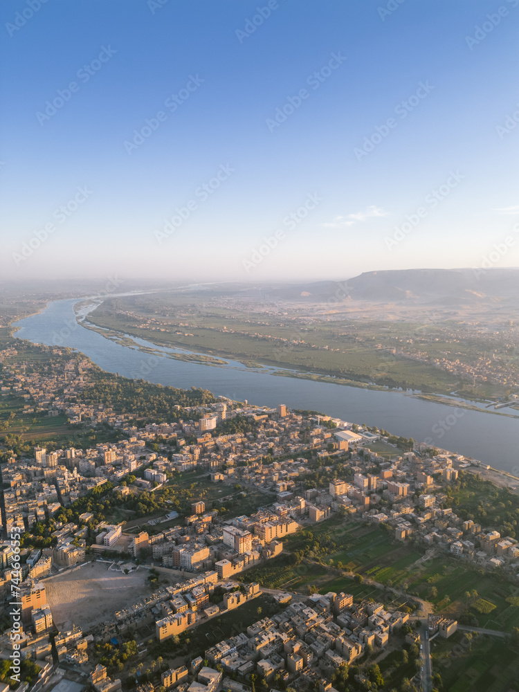 aerial view of the river and city in Upper Egypt 