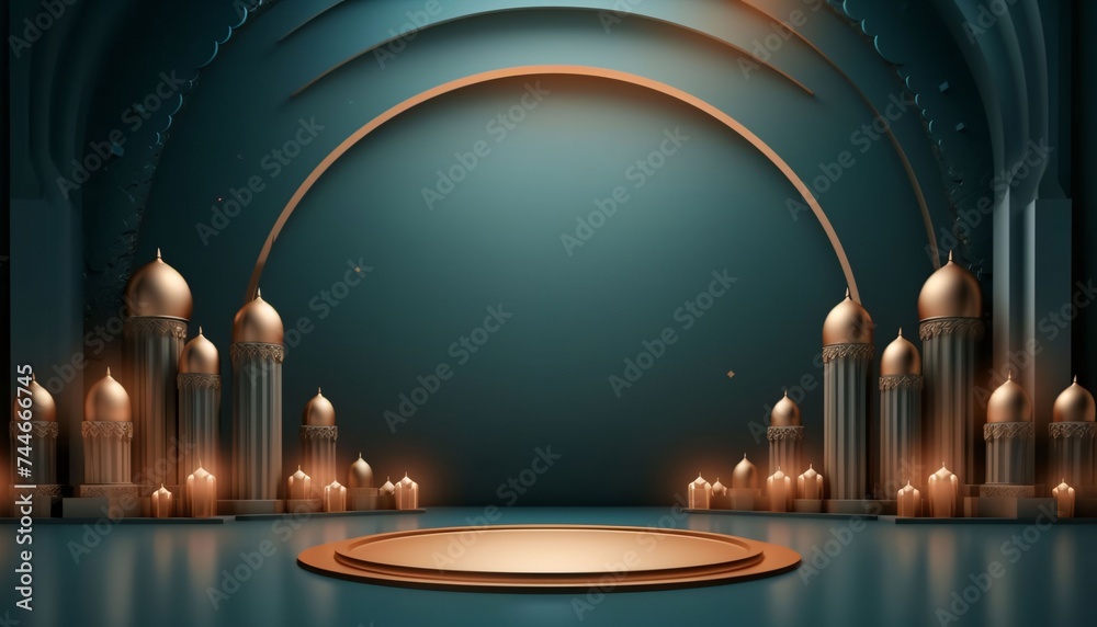 Dark background around the decoration from candles space for your own content in the middle. Podium.
