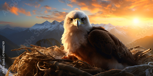 The Red Bald Eagle: A Majestic Bird Nesting in the Largest Animal's Nest, Perched High on Mountains Against a Vast Blue Sky Background © Laiba