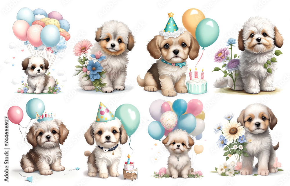 Happy birthday. Funny watercolor illustration set with dogs. Yorkshire Terrier