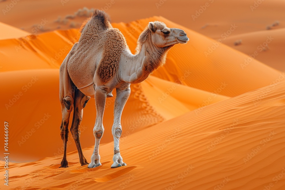 A majestic arabian camel stands tall amidst the vast dunes of the sahara desert, a symbol of resilience and adaptability in the harsh and ever-changing aeolian landscape - obrazy, fototapety, plakaty 