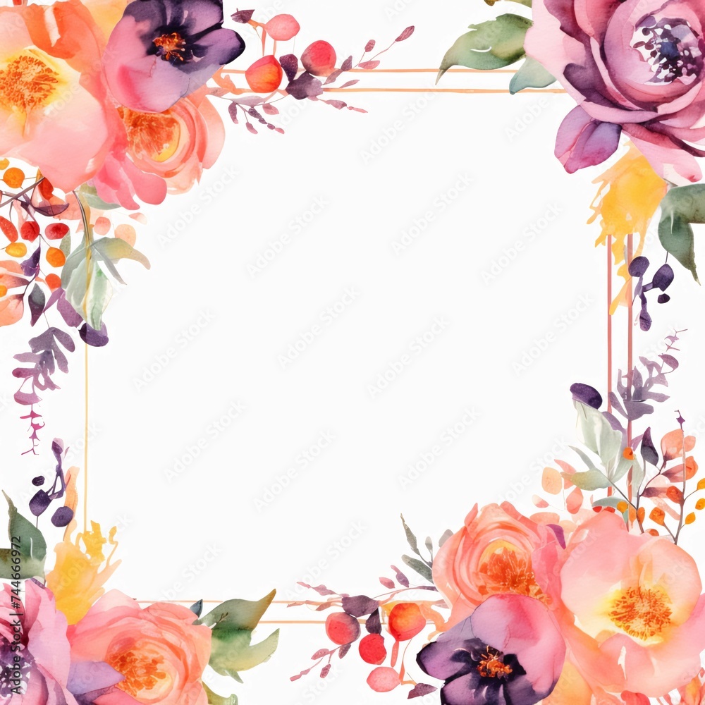 White blank card with space for your own content. All around decorations with colorful flowers and leaves.