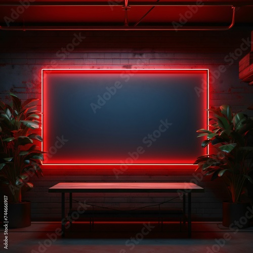 Black empty field with space for your own content around neon red glowing frame, table below and two flowers in a pot, dark background.