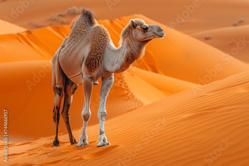 A majestic arabian camel stands tall amidst the vast dunes of the sahara desert  a symbol of resilience and adaptability in the harsh and ever-changing aeolian landscape