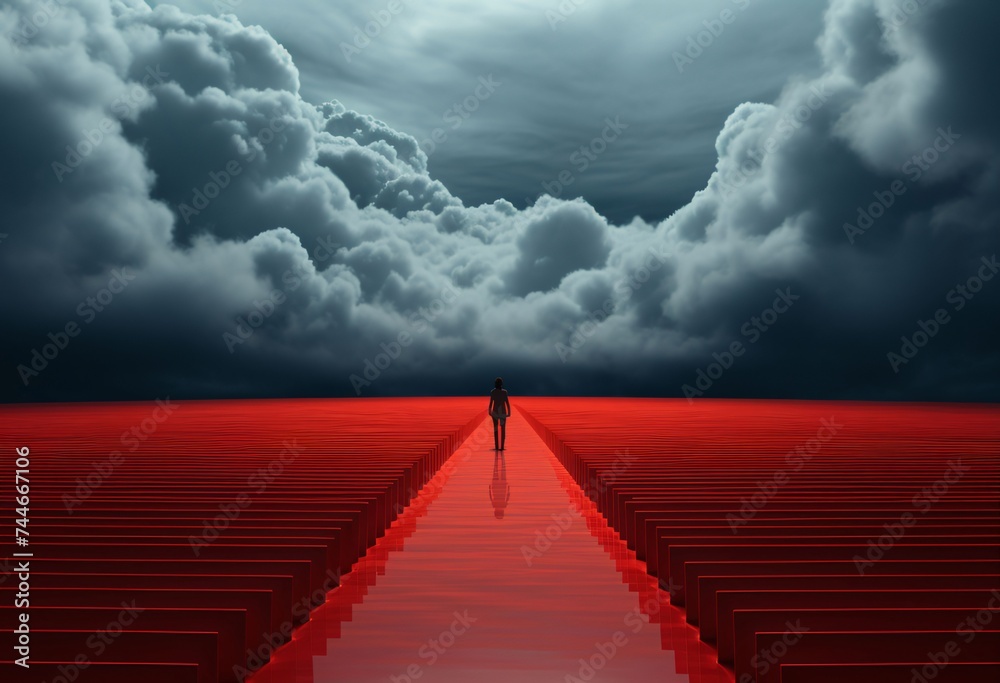 Black silhouette of a man in the middle of a red field on top of a cloud.
