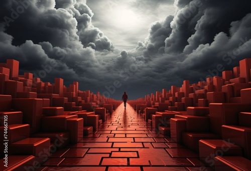 Black silhouette of a man in the middle of red figures, clouds on top.
