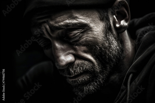 Capture raw emotion with this powerful close-up shot of a man deep in thought. Photography. Emotive Portrait