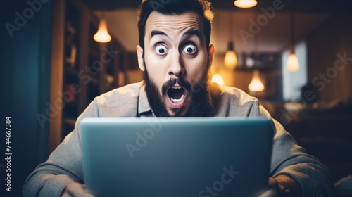 A surprised, shocked, bearded, charismatic man looks at a laptop with his mouth open in the house. The Concept Of New Technologies, Discounts, Sales.