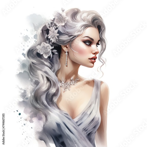 Watercolor Glamour Girl in Silver Grey Dress with Intricate Detailing