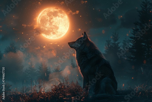 A majestic wolf basks in the light of the full moon, a wild and untamed creature at home in the peaceful night