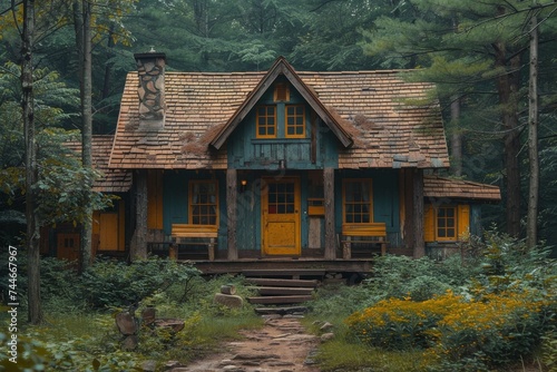 A charming yellow log cabin nestled among the trees in a peaceful forest, with a rustic wooden roof and cozy windows overlooking the lush landscape