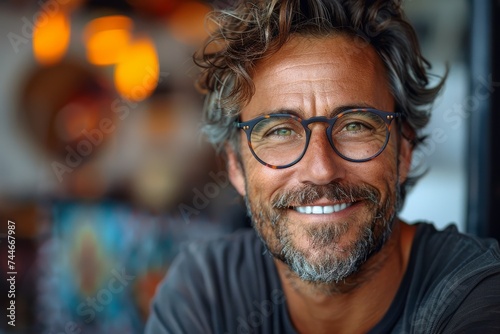 A contented man with a well-groomed beard and stylish glasses radiates confidence and warmth as he smiles, revealing subtle wrinkles around his eyes and a twinkle of eyewear
