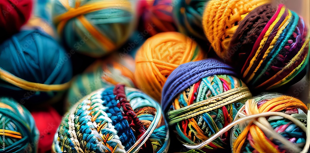 Knitting of yarn in a close-up view, displaying a colorful and patterned background, where each stitch merges into a captivating tapestry of hues