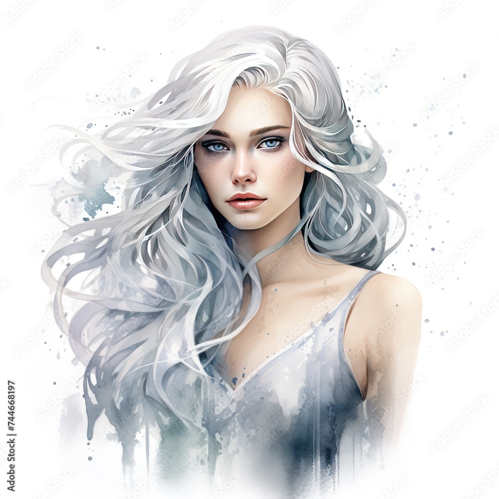 Enchanting Watercolor Clipart of Girl in Silver Dress and Hair