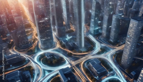 Futuristic Cityscape with Illuminated Highways at Twilight