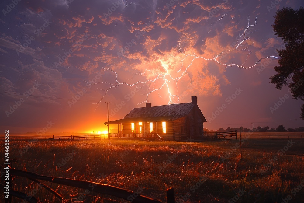 Amidst a raging storm, a solitary house stands illuminated by a lightning strike, surrounded by swaying trees and the ominous night sky - obrazy, fototapety, plakaty 