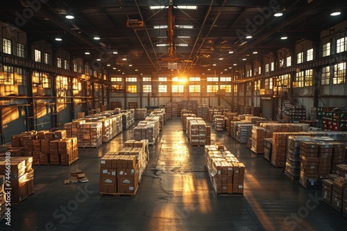 A vast indoor scene filled with neatly stacked boxes, rows of furniture, and towering shelves reminiscent of a library, stretching from floor to ceiling in an orderly fashion, creating a sense of org