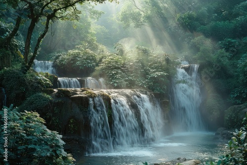 Serene waterfall, lush greenery, early morning, soft natural light