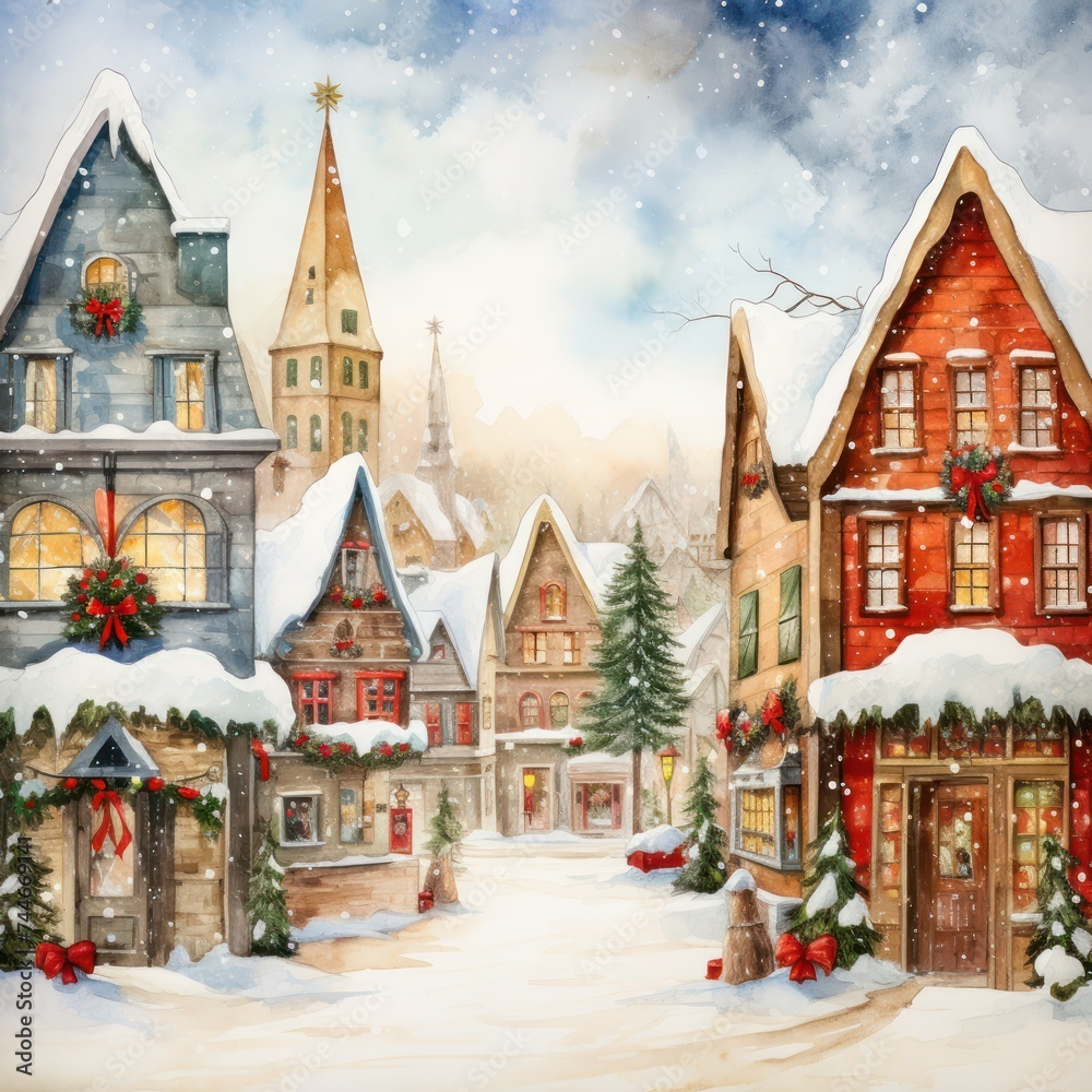 Festive Watercolor Christmas Village Scene Clipart for Holiday Decor