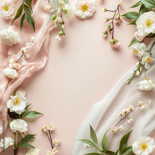 Background for beauty products made of silk fabrics  flowers and shadows