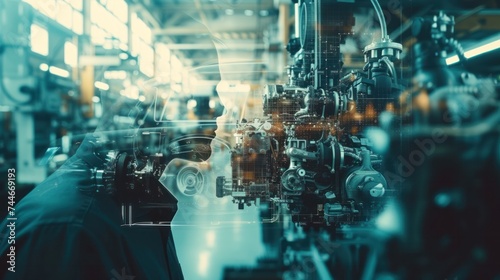 Double exposure of an engineer and an EV car factory, showcasing the manufacturing process