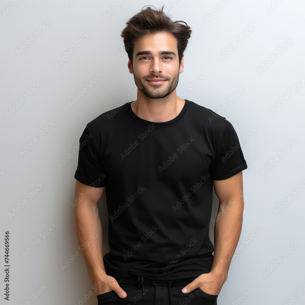 Fototapeta premium Stylish Black Bella Canvas TShirt on Male Model Light Background