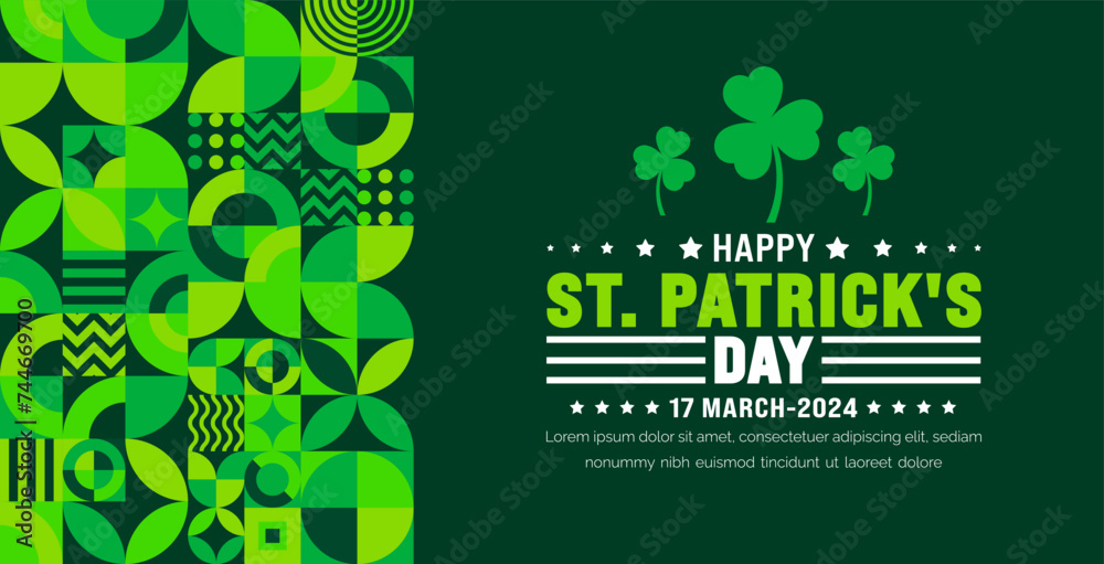17 March is Happy St. Patrick's day geometric shape pattern  background with green leaves background template. St Patrick day or saint Patrick day 2024 banner. - obrazy, fototapety, plakaty 