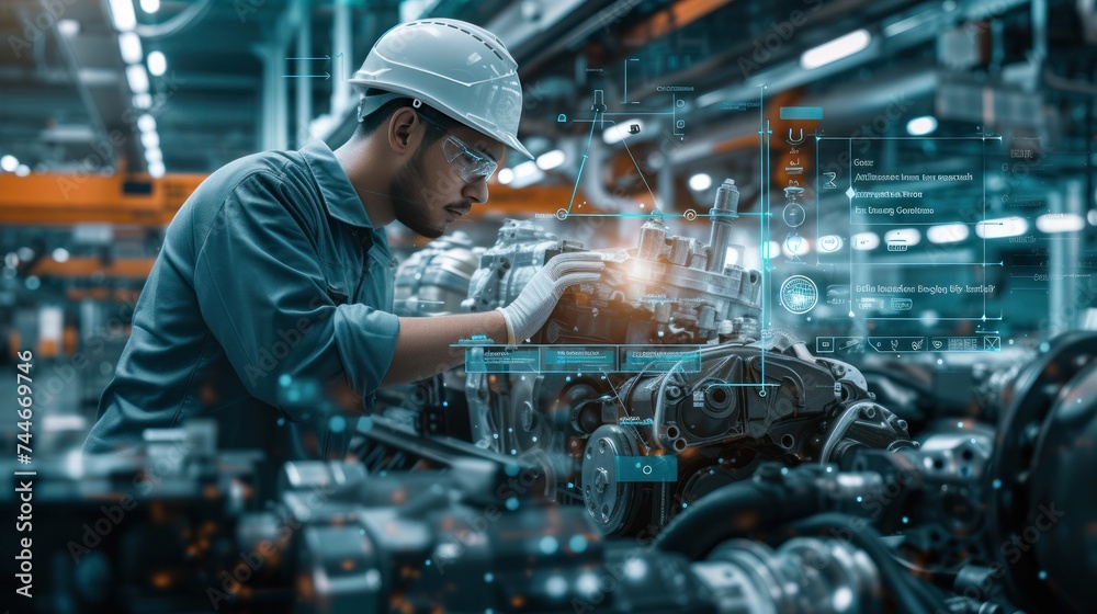 Double exposure of an engineer and an EV car factory, showcasing the manufacturing process