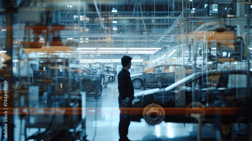 Double exposure of an engineer and an EV car factory, showcasing the manufacturing process
