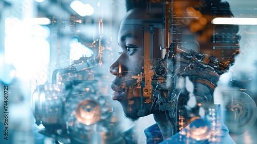 Double exposure of an engineer and an EV car factory, showcasing the manufacturing process