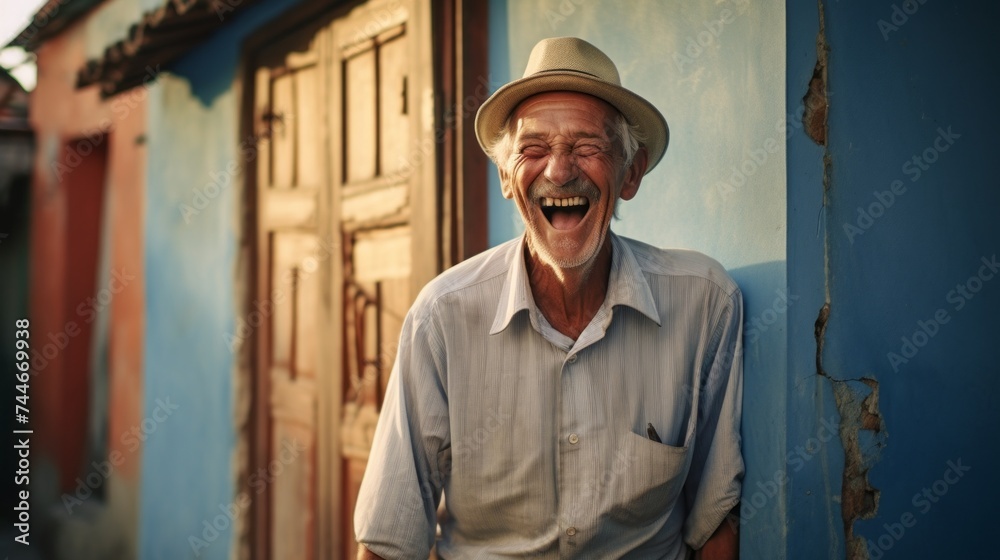 A happy laughing Pale elderly Man, a Grandfather near his old village house. Ordinary people, Lifestyle concepts. A happy laughing Pale elderly Man, a Grandfather near his old village house. Ordinary people, Lifestyle concepts.