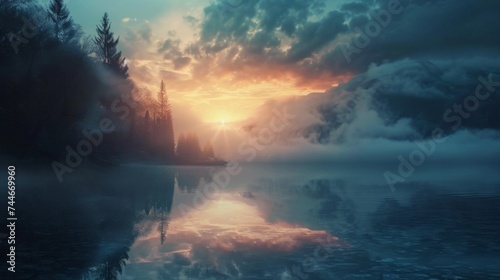 Fantasy landscape with a lake in a misty forest at sunset
