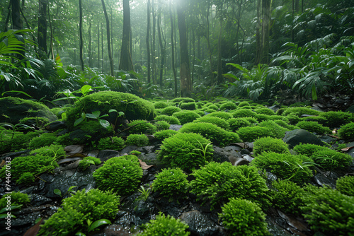 beautiful moss on wet tropical rainforest ground