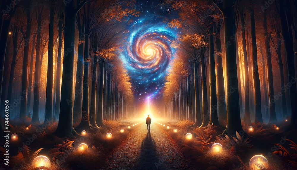 Obraz premium A person stands on a forest path, facing an enormous, spiraling galaxy that illuminates the night with vibrant colors and ethereal light.AI generated.