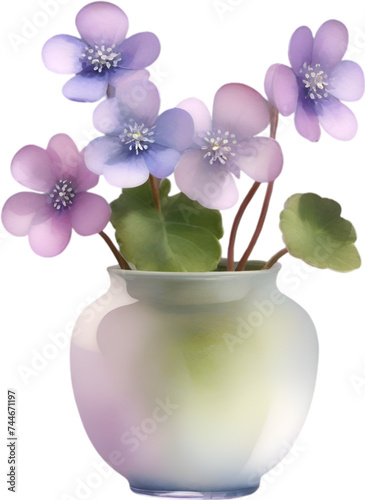 A vase of Hepatica Americana flower, a watercolor painting of a vase of Hepatica Americana flower.