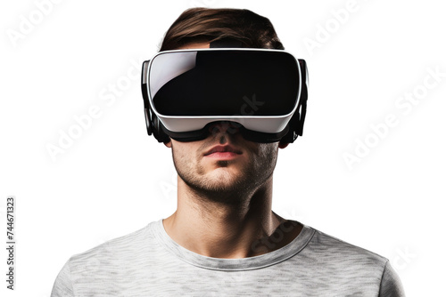 Man Wearing Virtual Reality Headset. A man wearing a virtual reality headset immersed in a digital world.