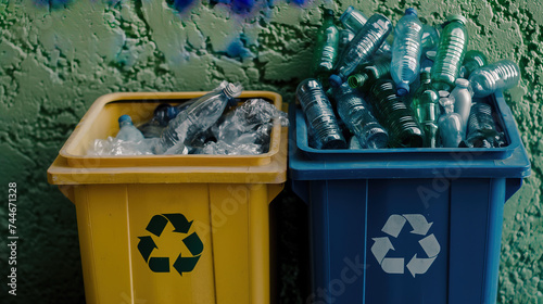 Multicolored recycle garbage containers for sorting different kinds of waste, filled with plastic bottles