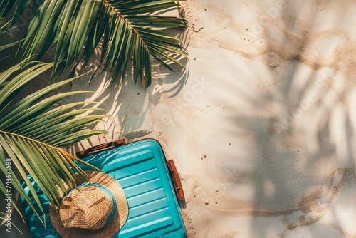 Dive into summer vacation vibes. Top view of a suitcase with beach gear, sunglasses, sunhat, towel, and palm leaves on a sandy beach background, offering a blank area for text or advertising.