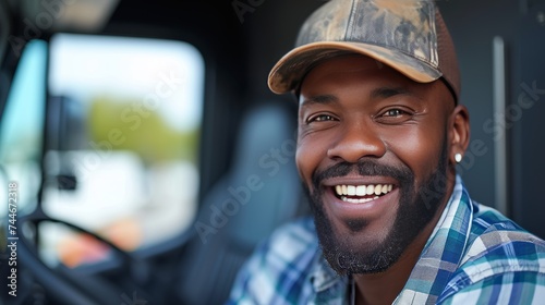 Portrait of smiling black truck driver sitting in freight truck © Collab Media