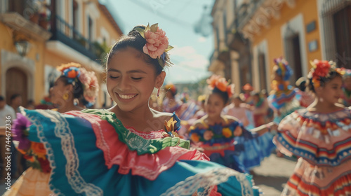 A young latin girl in a traditional dress during the Hispanic parade celebration
