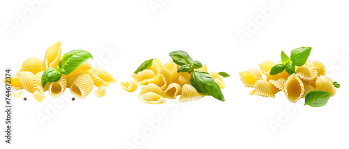 Conchiglie rigate pasta with basil on transparent background
