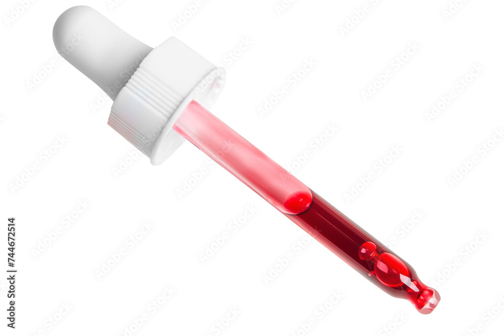 Pipette with red liquid acids, or serum. On a blank background Pipette with red liquid acids, or serum. On a blank background