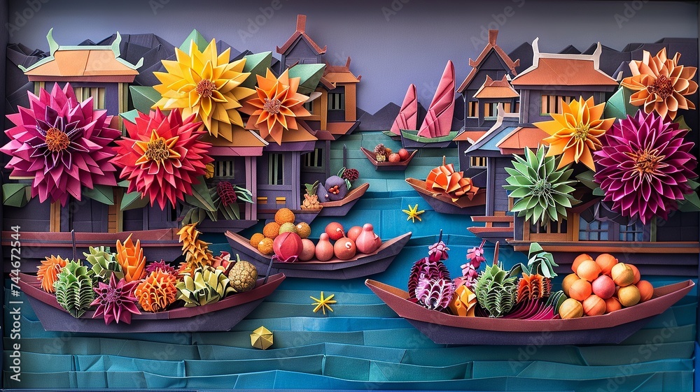 Obraz premium Origami Bangkok Floating Markets Scene