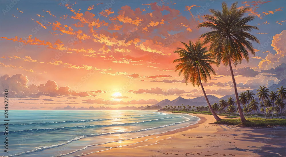 Seascape on sunset background