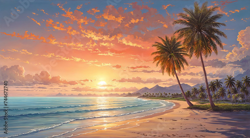 Seascape on sunset background