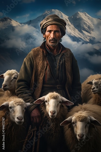 Shepherd tending to his flock in the snowcovered peaks of Himachal Pradesh