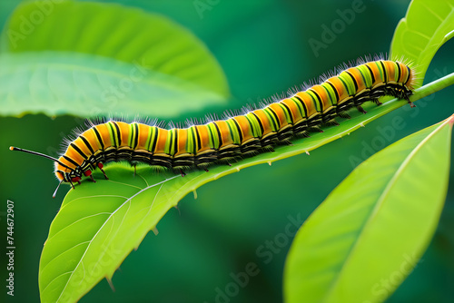 green caterpillar crawling on a leaf, bush, nature, centipede, close up
