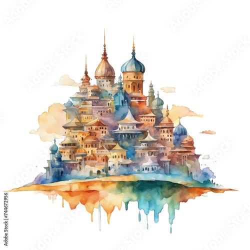 A sprawling city floating island watercolor illustration, fantasy style 