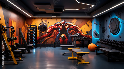 A gym with a superhero theme, with wall art and equipment resembling iconic superhero symbols.