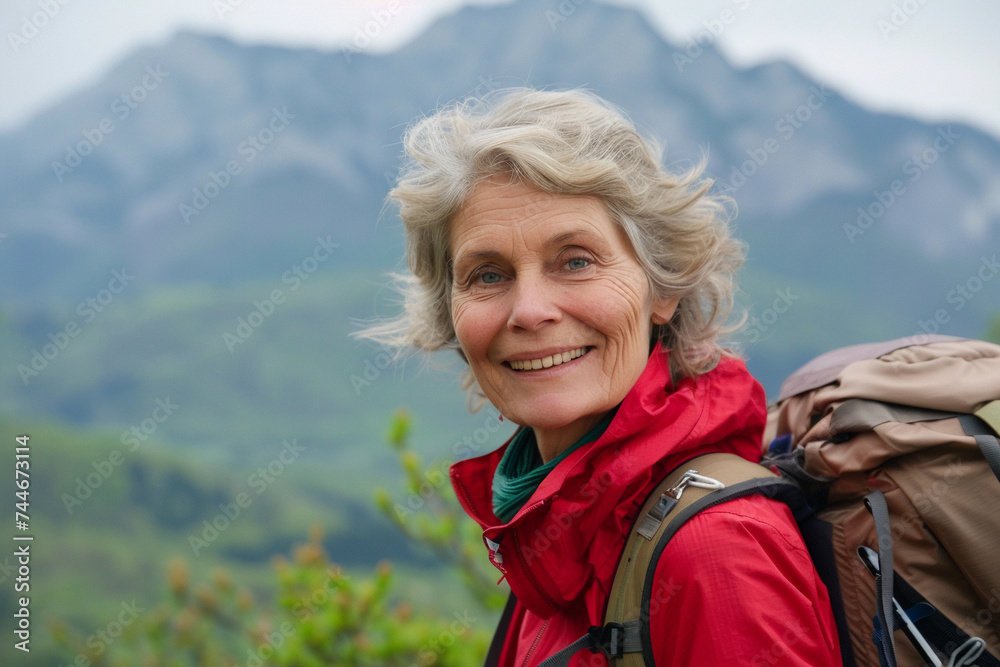 Smiling old woman with backpack in the green forest and mountains landscape. Active aging concept.